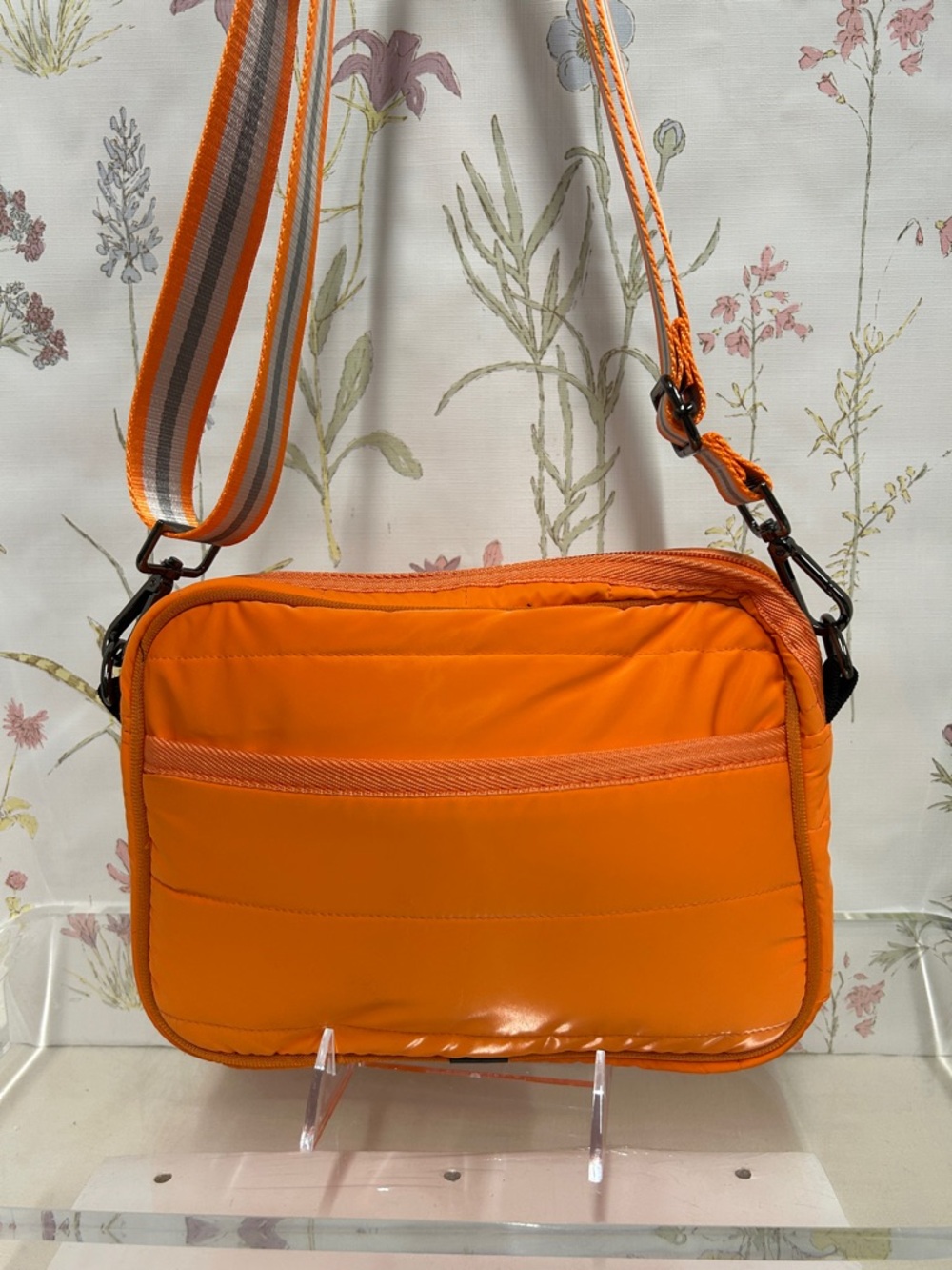 HAUTE SHORE Orange Quilted Crossbody with Striped Strap